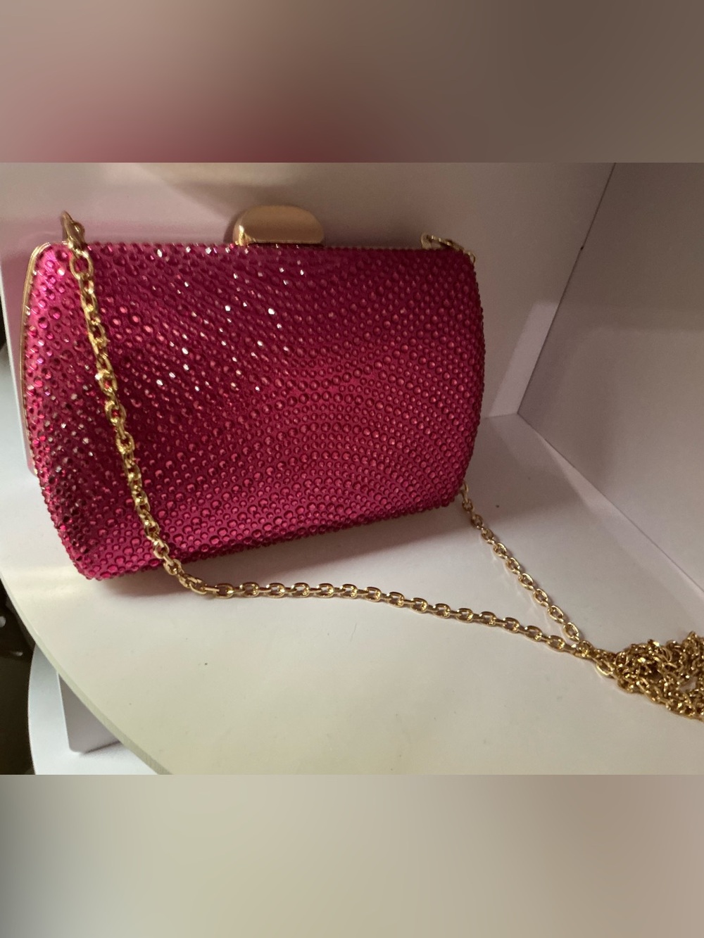 Pink Crystal Evening Clutch with Gold Chain